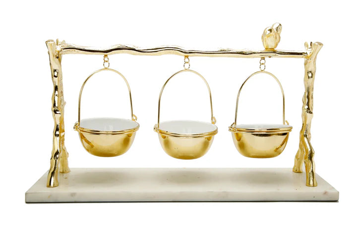 3 Bowls Hanging On Branch, Marble Centerpiece